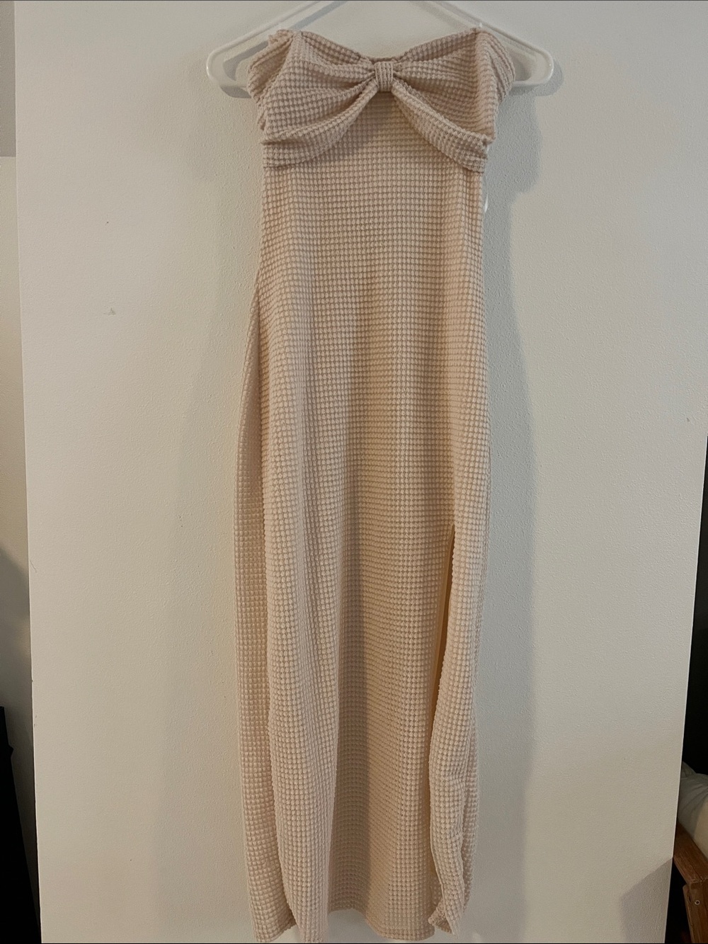 Strapless Waffle-Knit Maxi Skirt in Beige